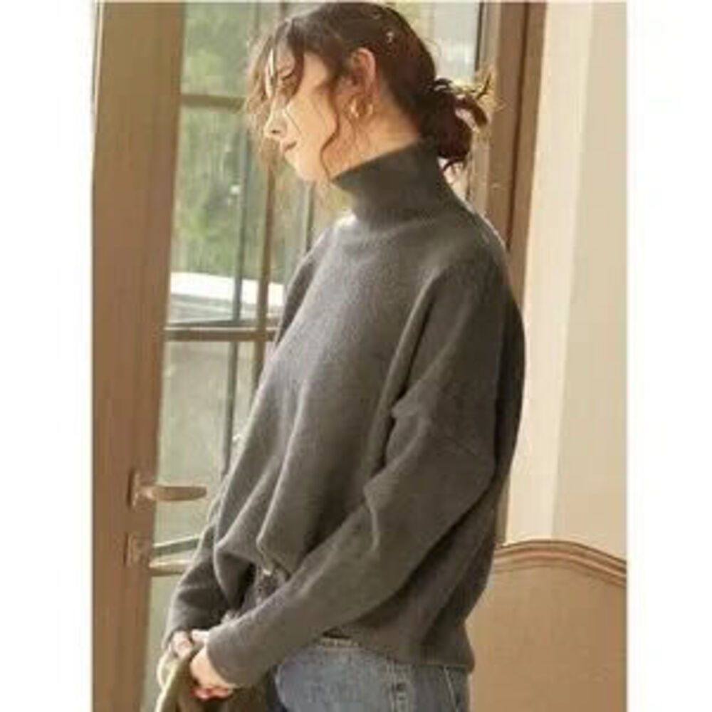 Gray Knit Turtleneck Pullover Sweater Long Sleeve Drop Shoulder